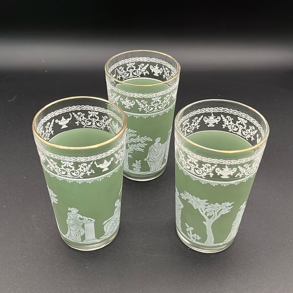 3 Vintage Wedgewood Jasperware Hellenic Jeanette Green Greek Glasses - Picture 1 of 8